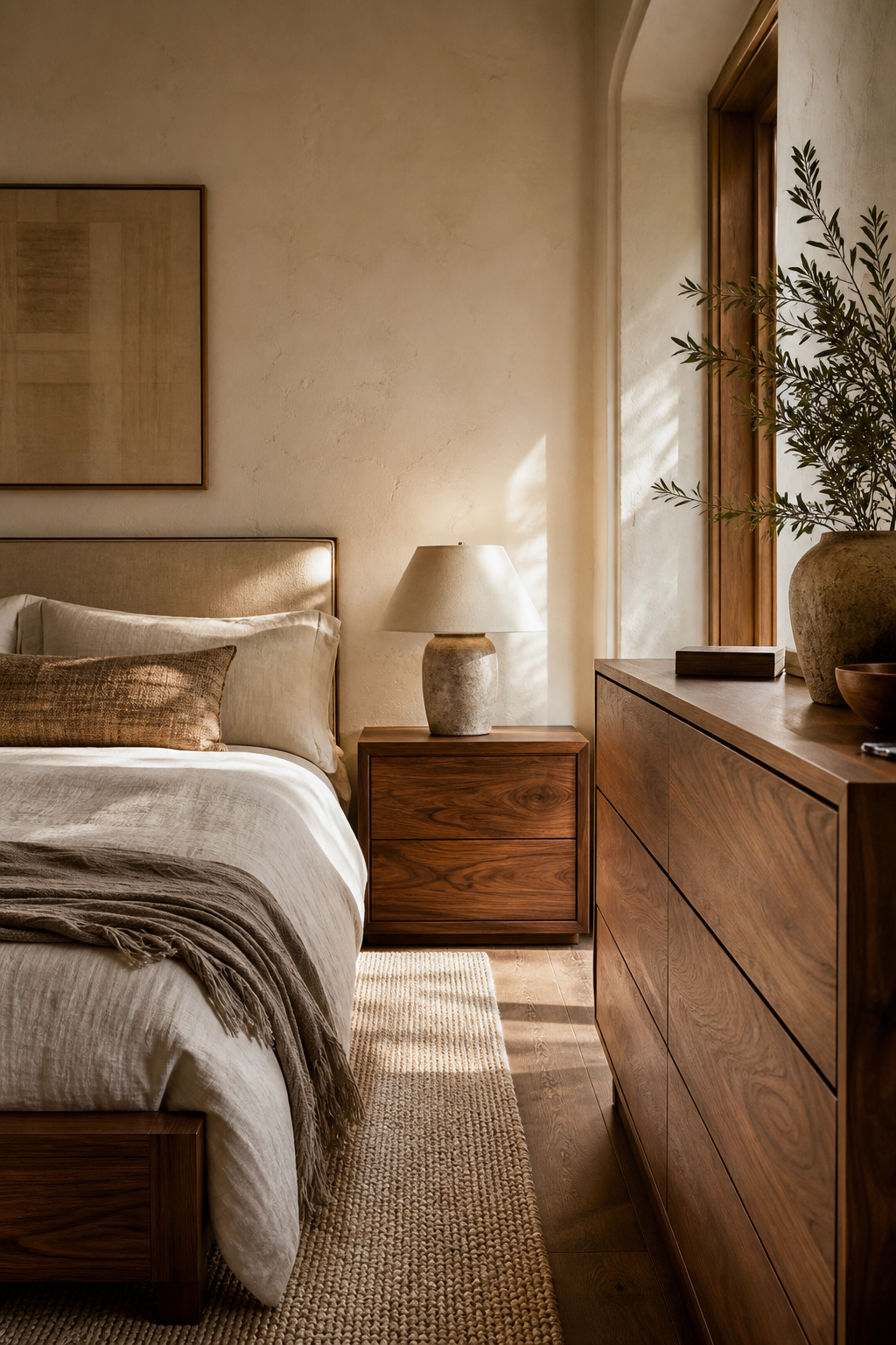 Warm walnut furniture adding natural texture to a cozy bedroom
