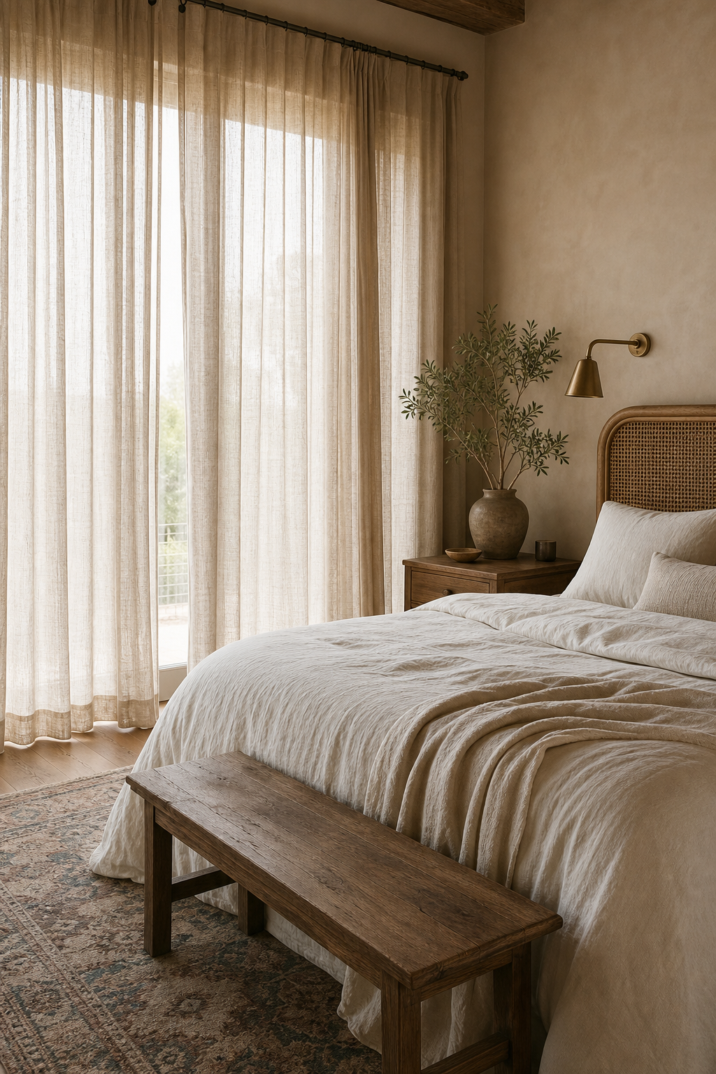 Boho bedroom softened with natural linen curtains