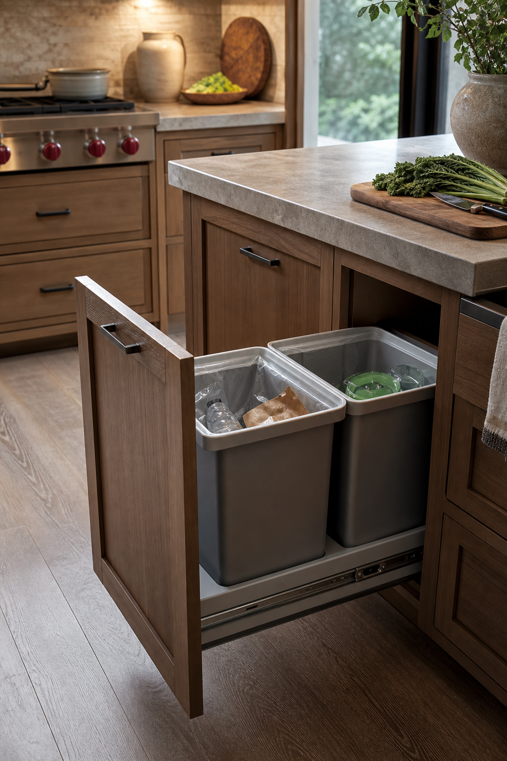 Kitchen island trash and recycling pullout near the prep zone
