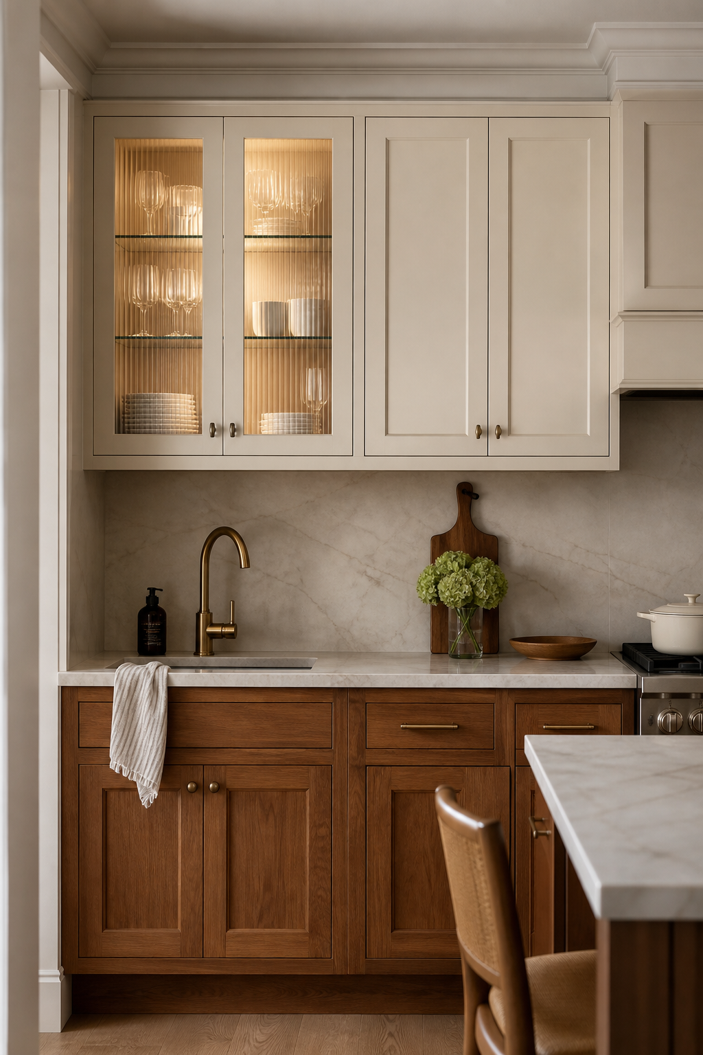 Small kitchen with reeded glass upper cabinets and edited dishes