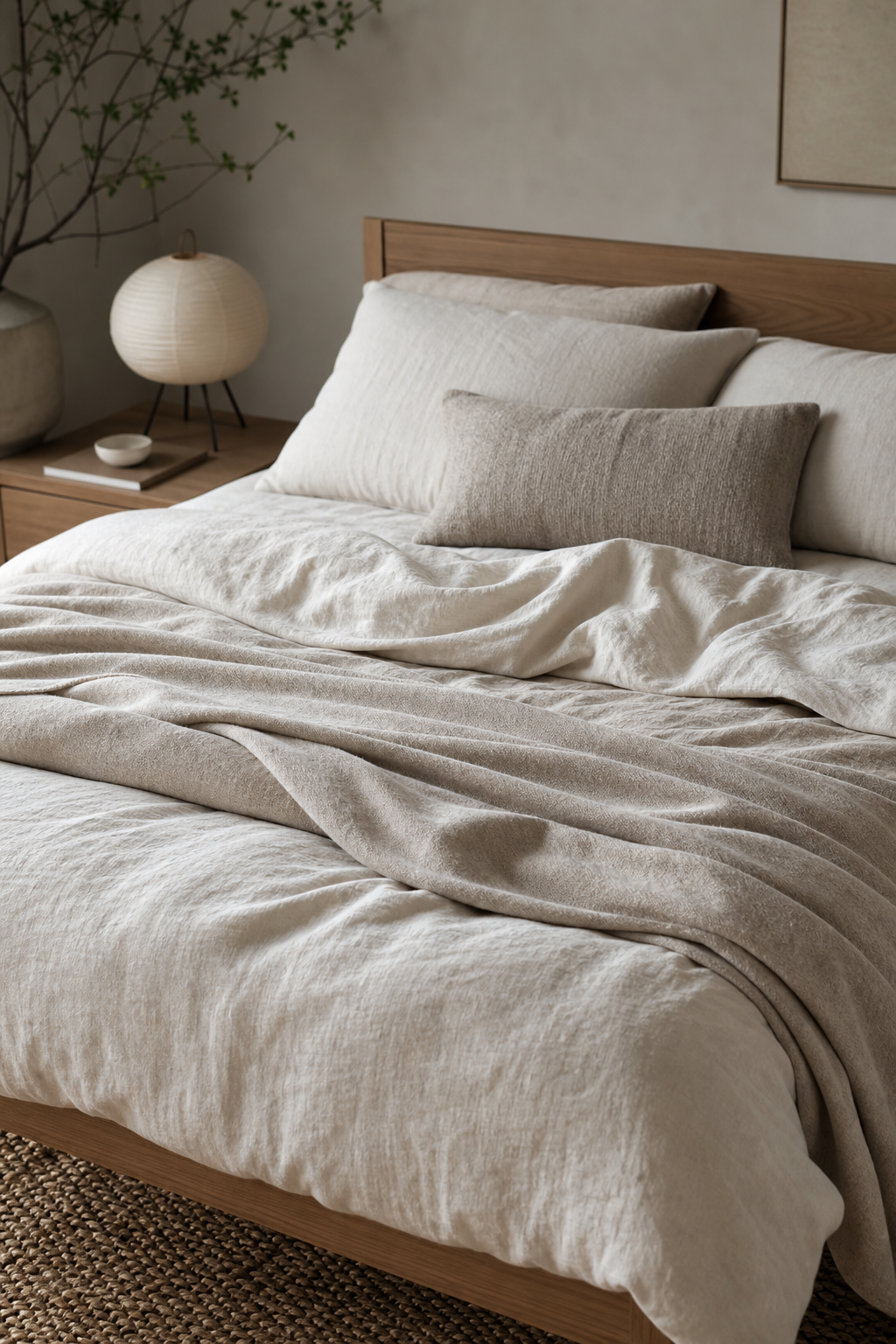 Japandi bedroom with layer Natural Linen Bedding