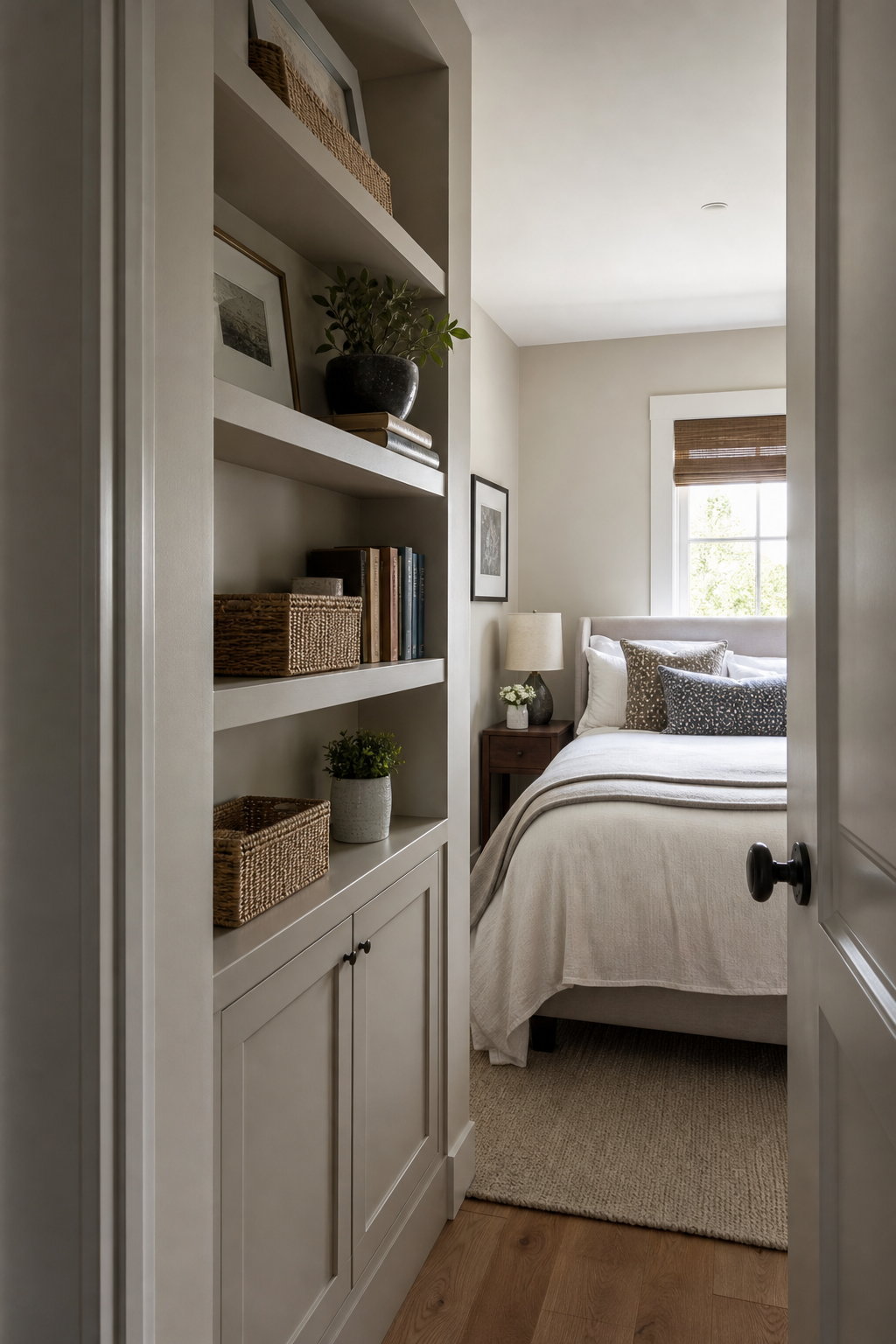Small bedroom door wall with shallow built-in shelving and closed lower cabinets