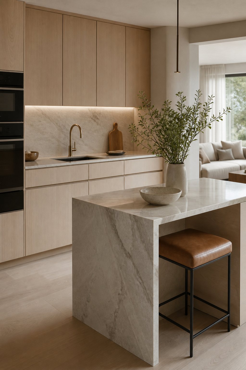 Very small open kitchen with marble waterfall peninsula, white oak cabinets, and tucked counter stool