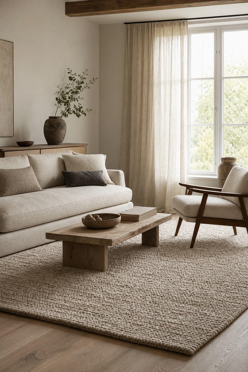 Scandinavian living room softened with a large natural wool rug