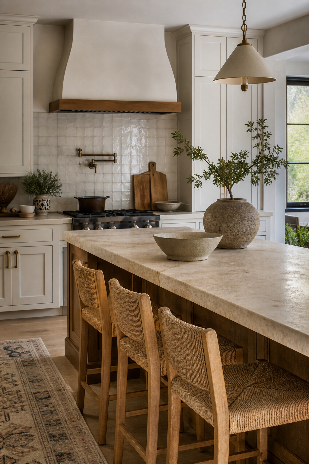 Warm luxury kitchen with honed stone, woven stools, oak shelves, handmade tile, and natural textured styling