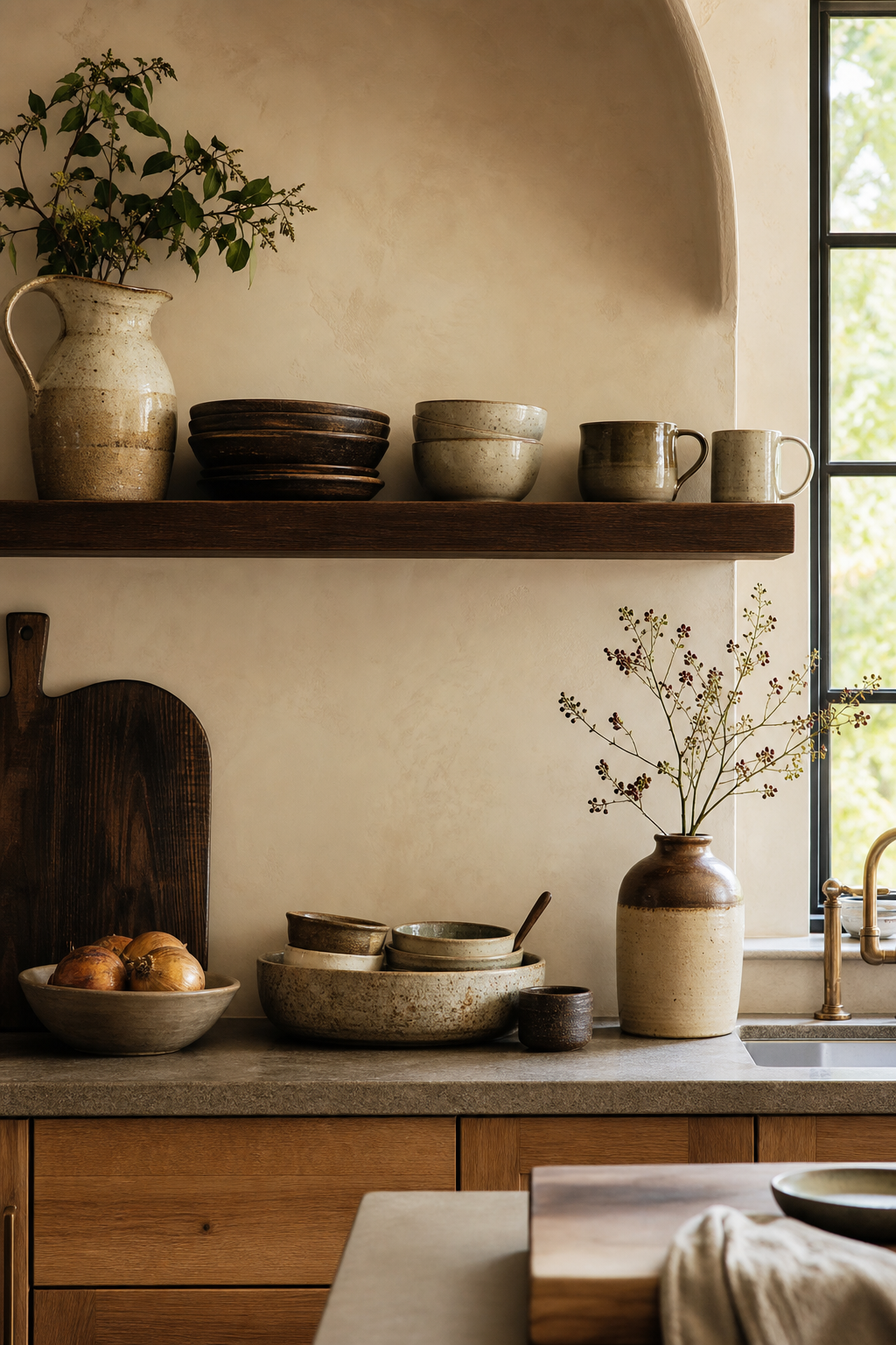 ceramics that feel handmade in a warm functional kitchen