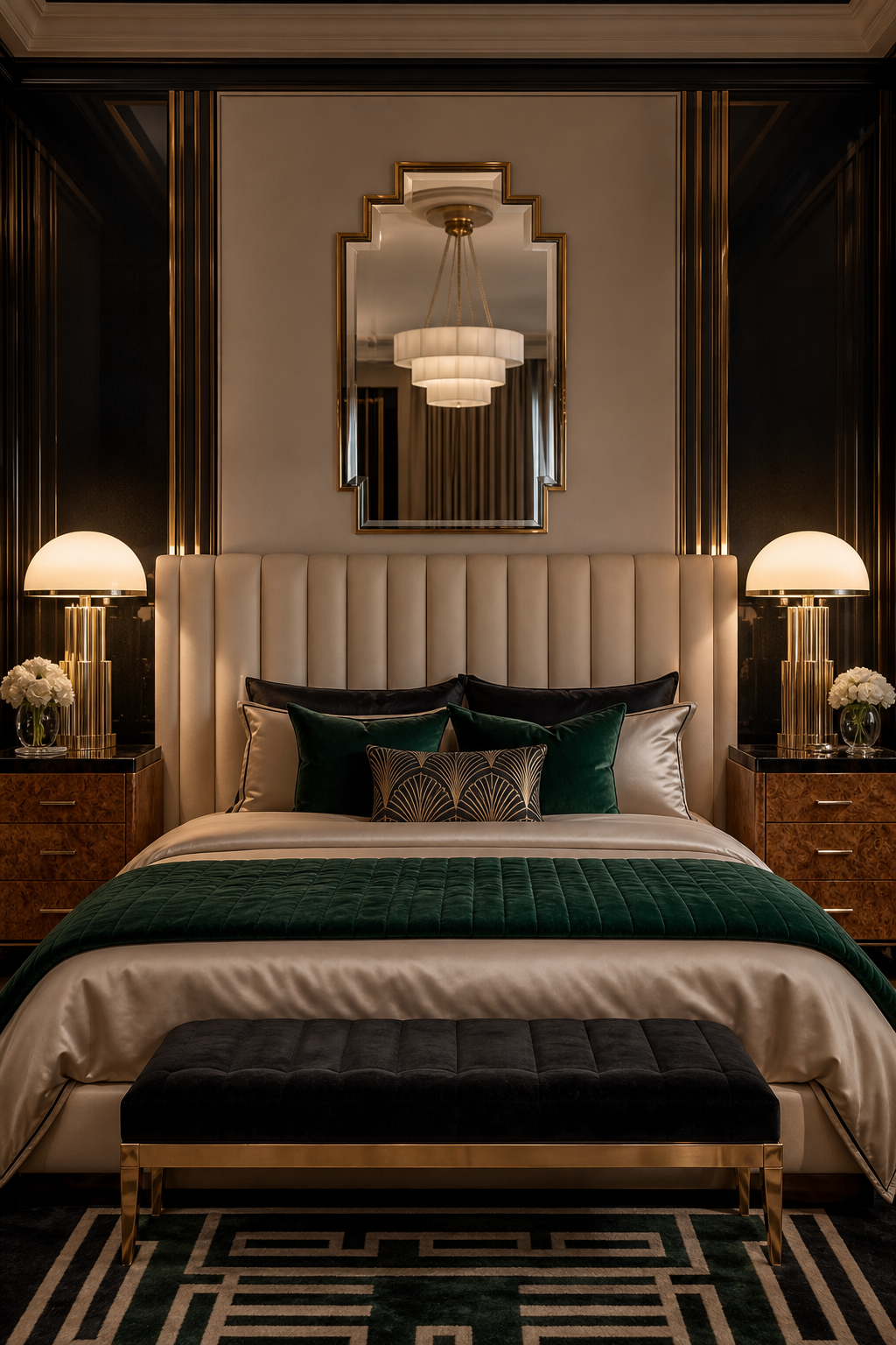 Art Deco bedroom with channel-tufted headboard, emerald accents, and brass lighting