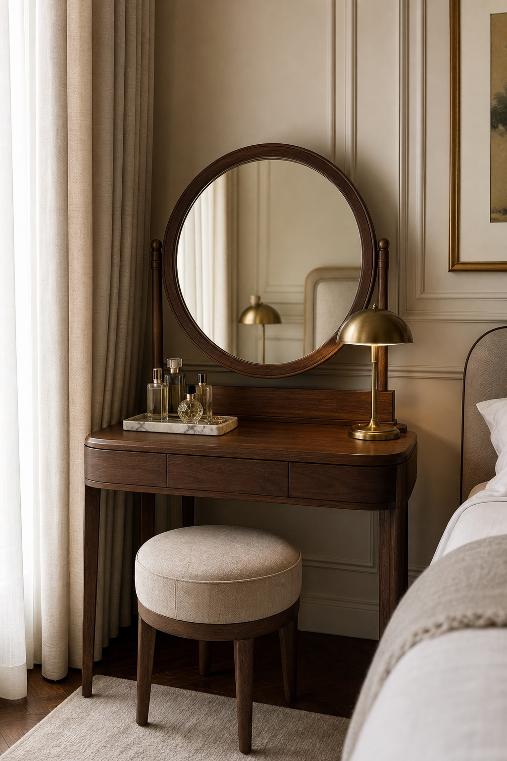 Small personal bedroom vanity with floating drawer, round mirror, stool, tray, and warm sconce