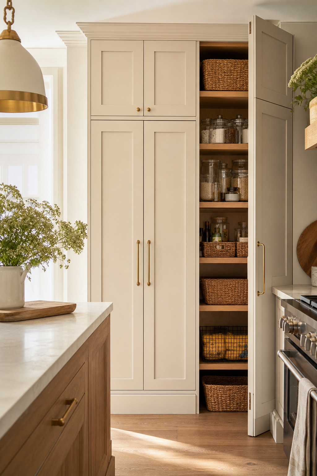 Integrated pantry cabinetry in a warm modern farmhouse kitchen