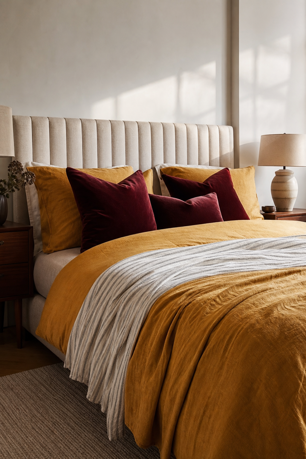 Luxury bedroom with saffron linen duvet, berry velvet pillows, striped coverlet, and walnut nightstands