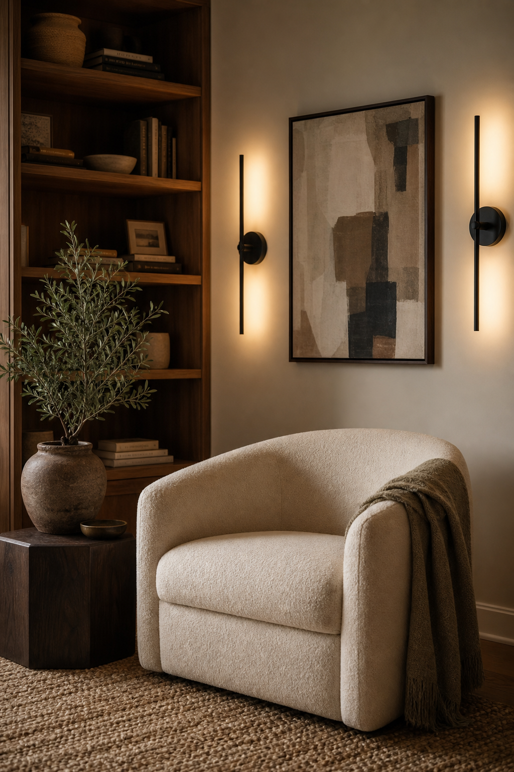 Slim wall sconces flanking abstract art above a console