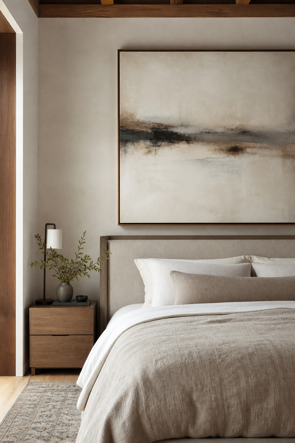 Large calm abstract artwork above a modern upholstered bedroom wall