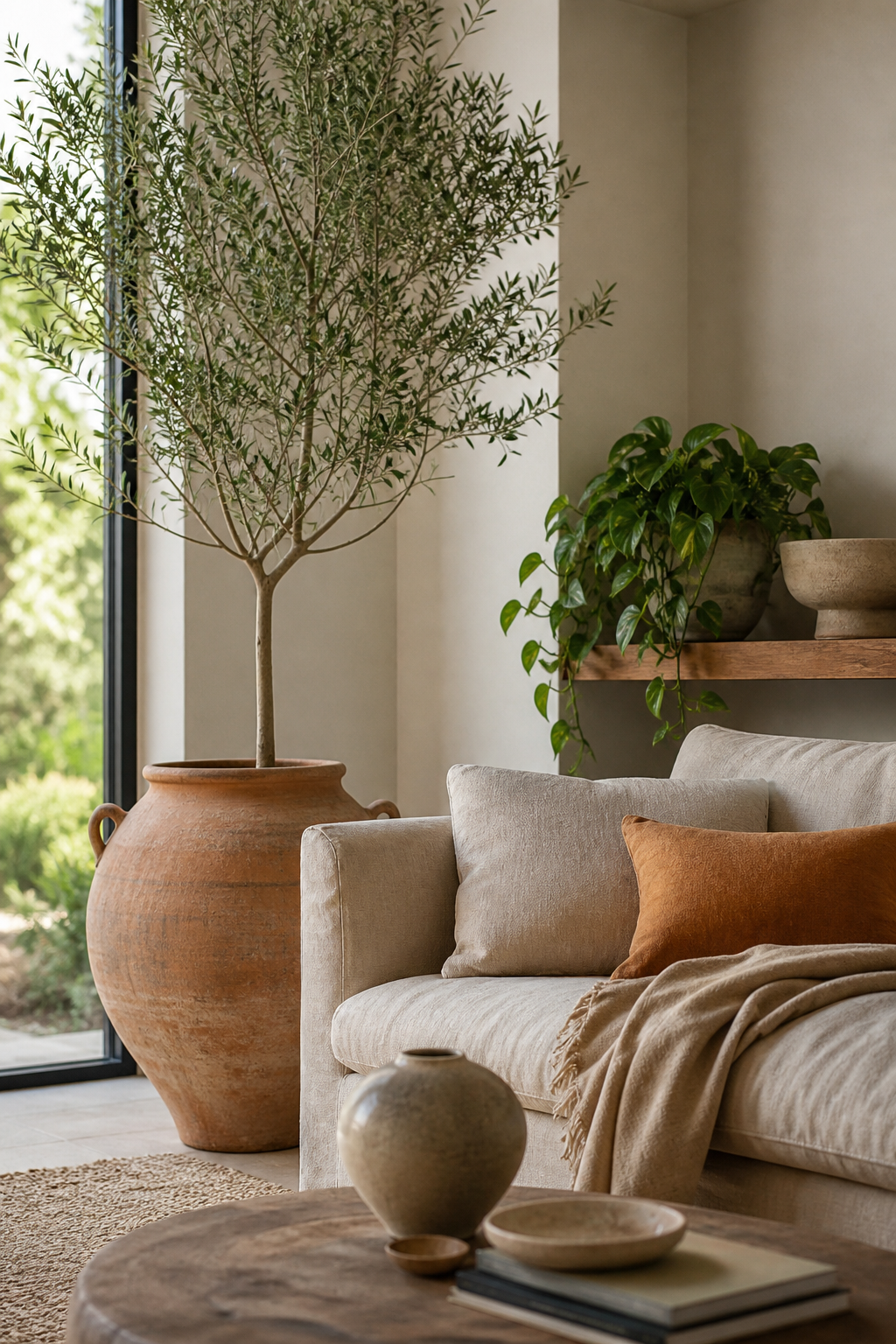 Tall plants and trailing greenery shaping a cozy boho living room