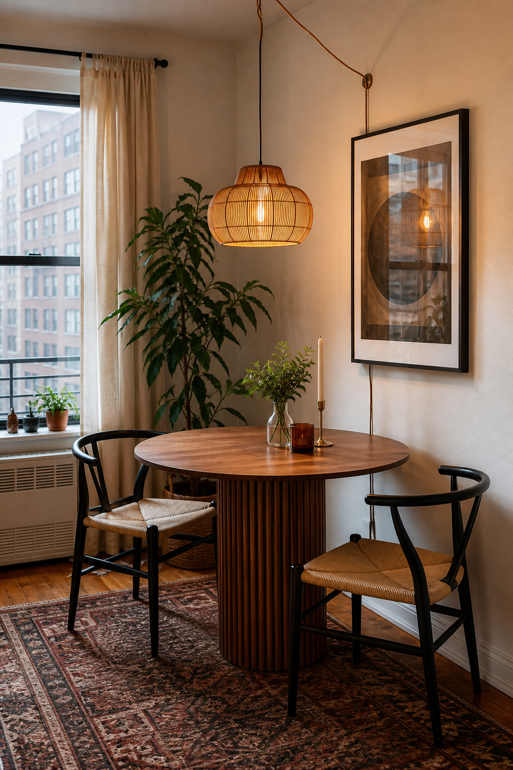 Compact apartment dining nook with round table and warm light