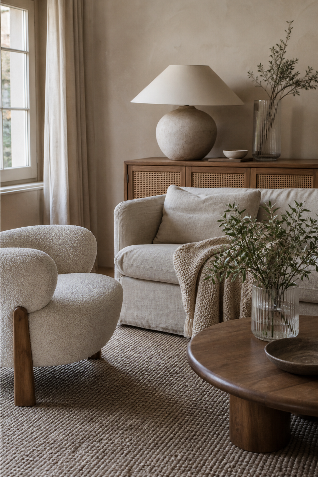 Textured small living room decor with neutral designer layers