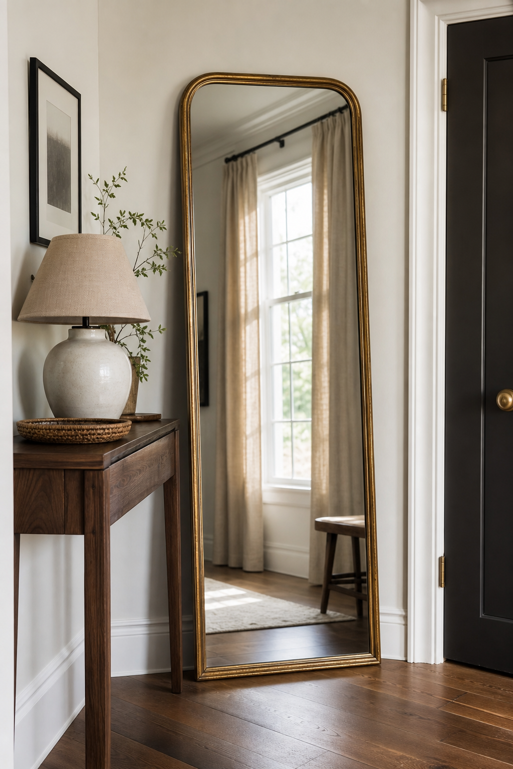 Tall brass mirror reflecting natural light in a cozy small apartment entry