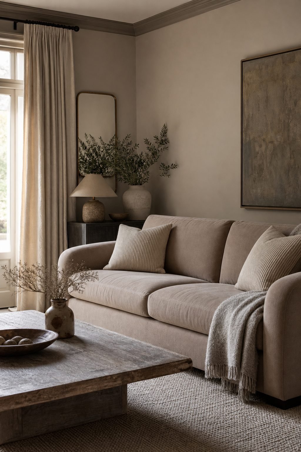 Taupe 3 seater sofa anchoring a layered monochrome living room