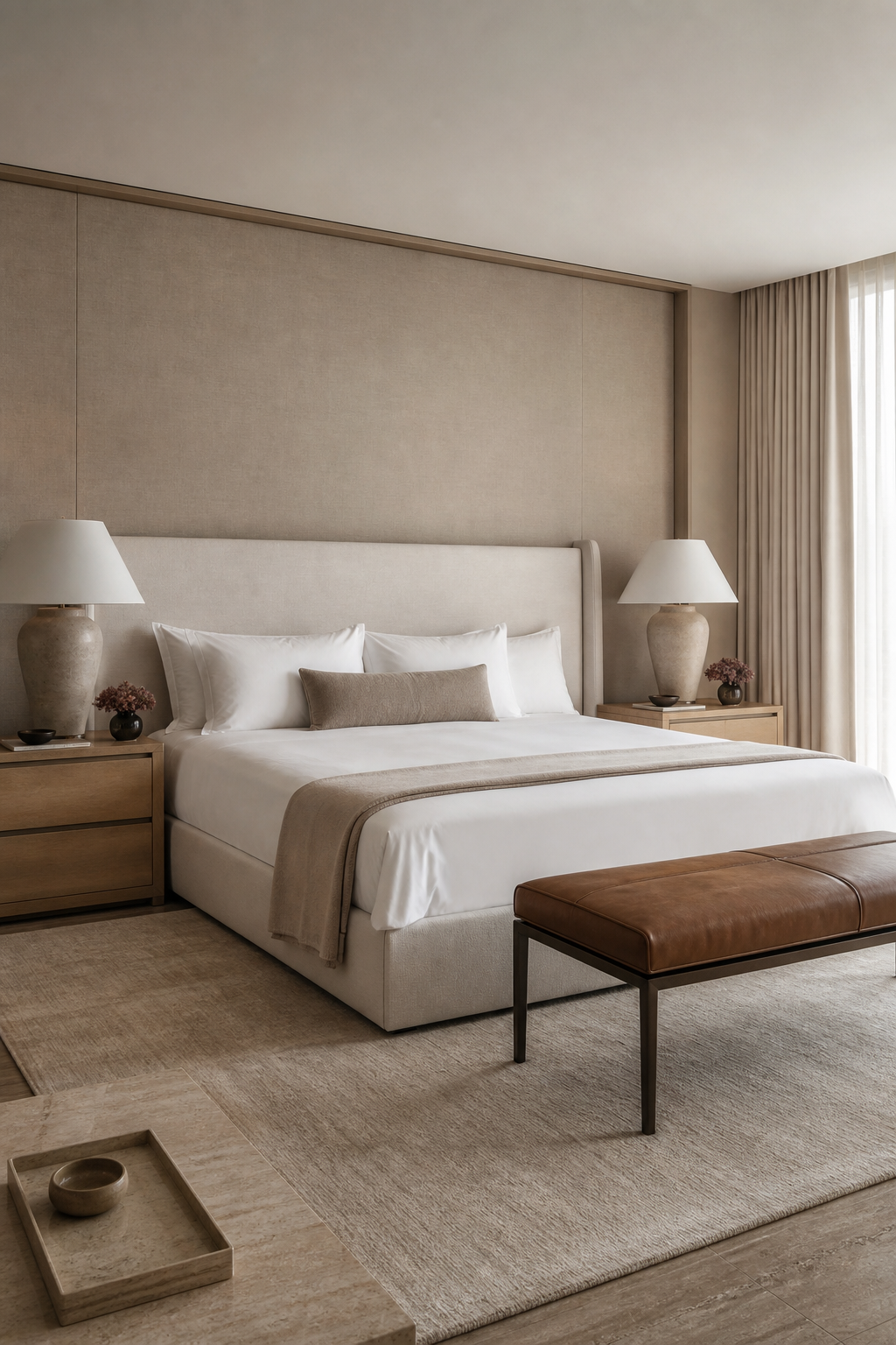 Minimalist hotel suite bedroom with oversized headboard, wide nightstands, and wool rug
