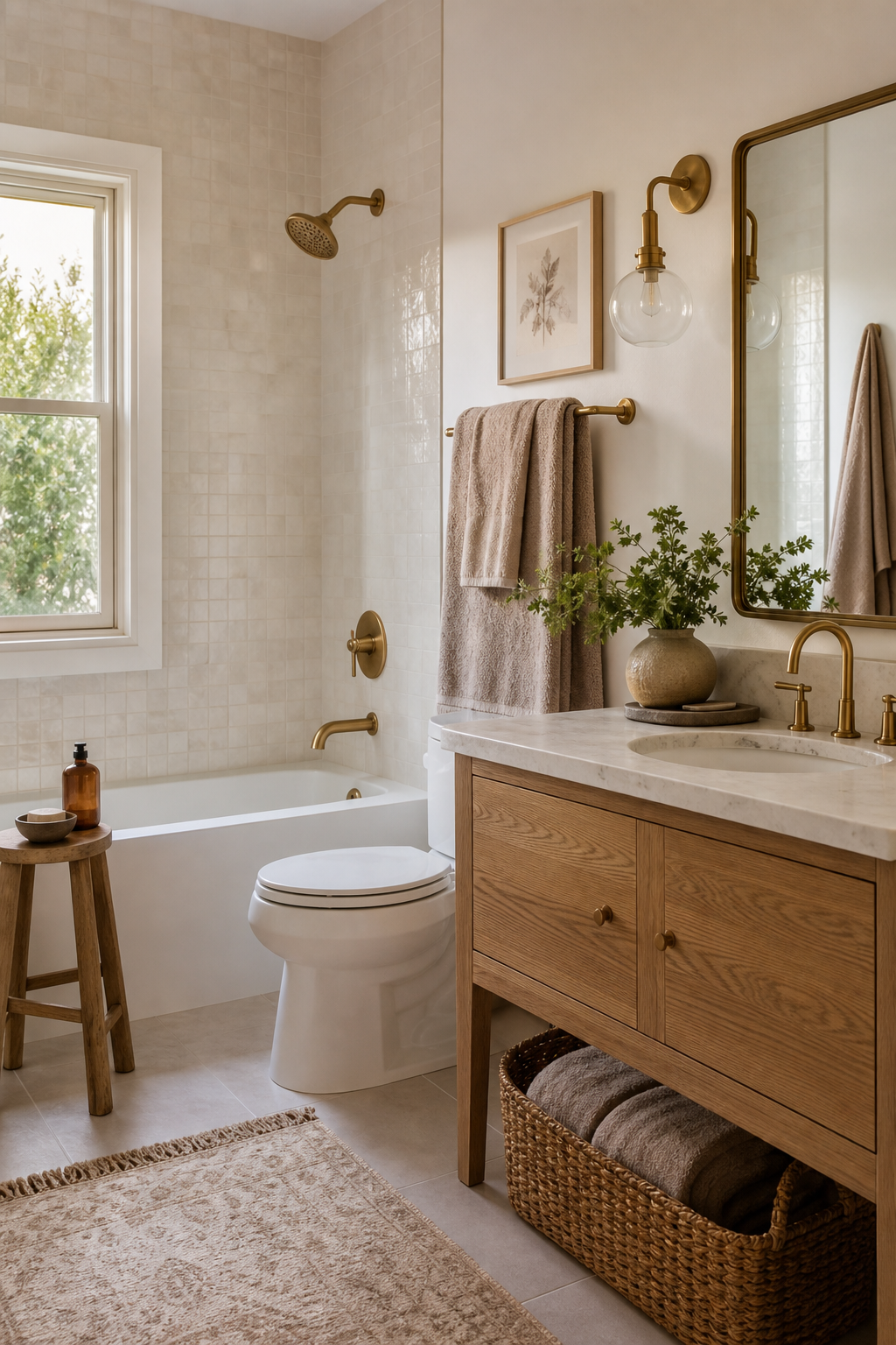 Small full bathroom idea with keep the palette light but add warm texture