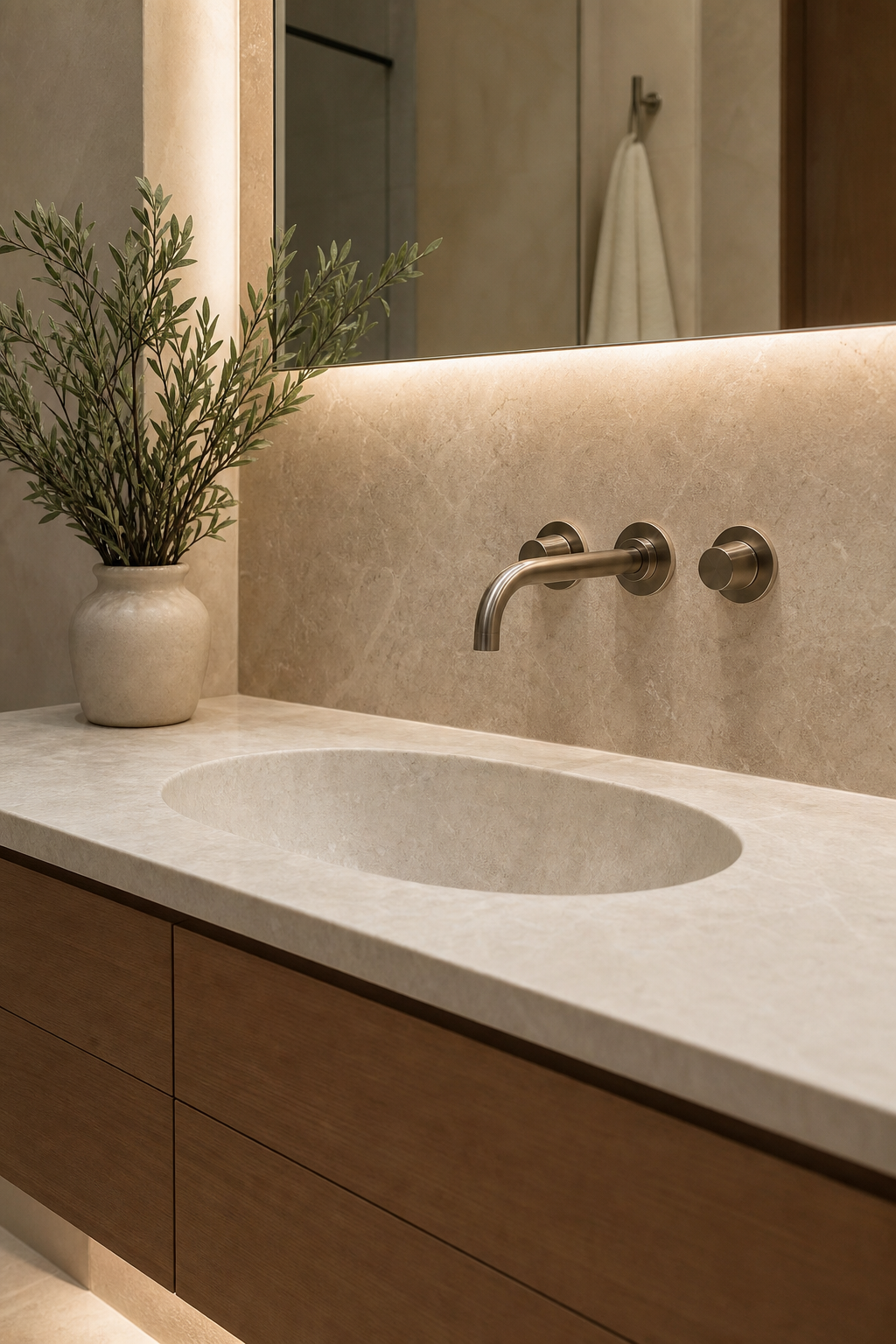 Wall-mounted faucet above a clean stone vanity in a modern bathroom