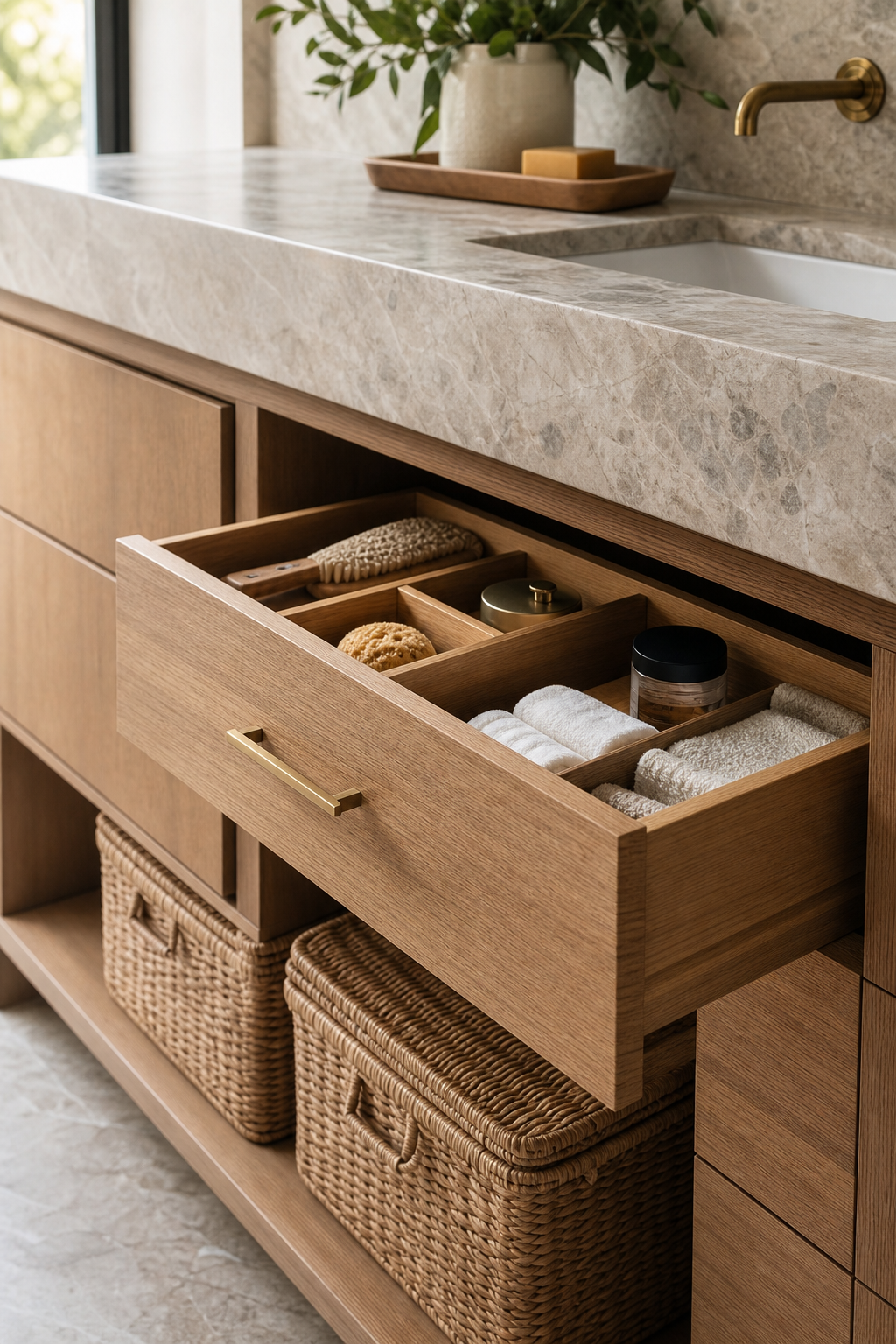 Organized bathroom vanity storage with woven baskets
