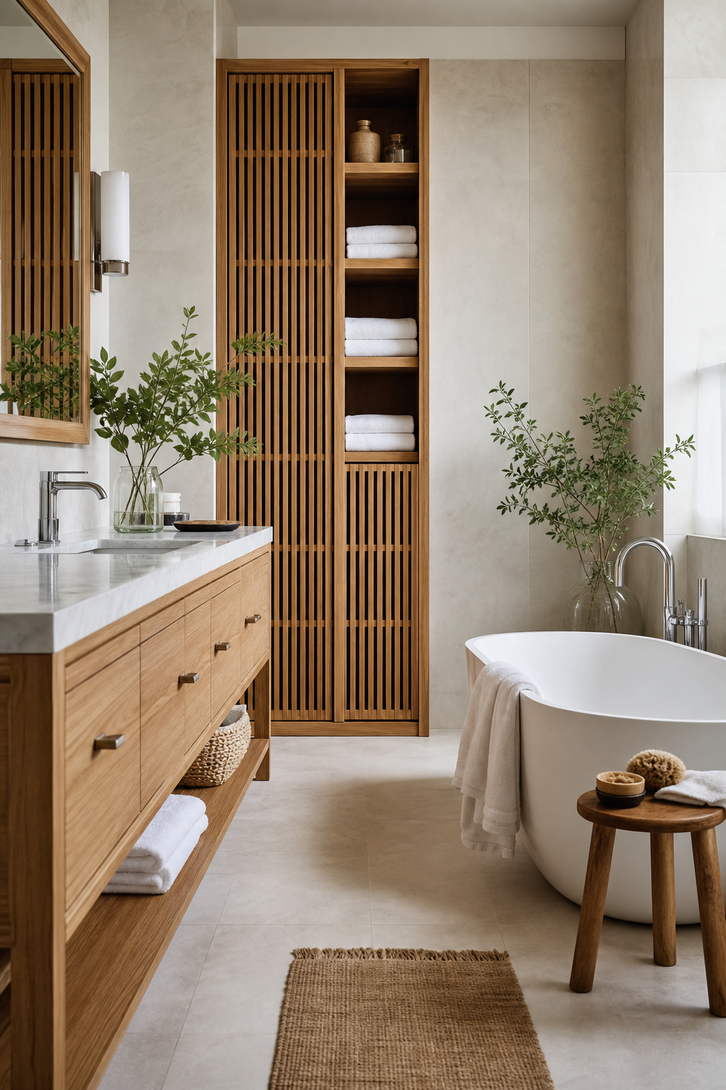Minimal modern bathroom with oak vanity, teak stool, slatted cabinet, and pale stone tile