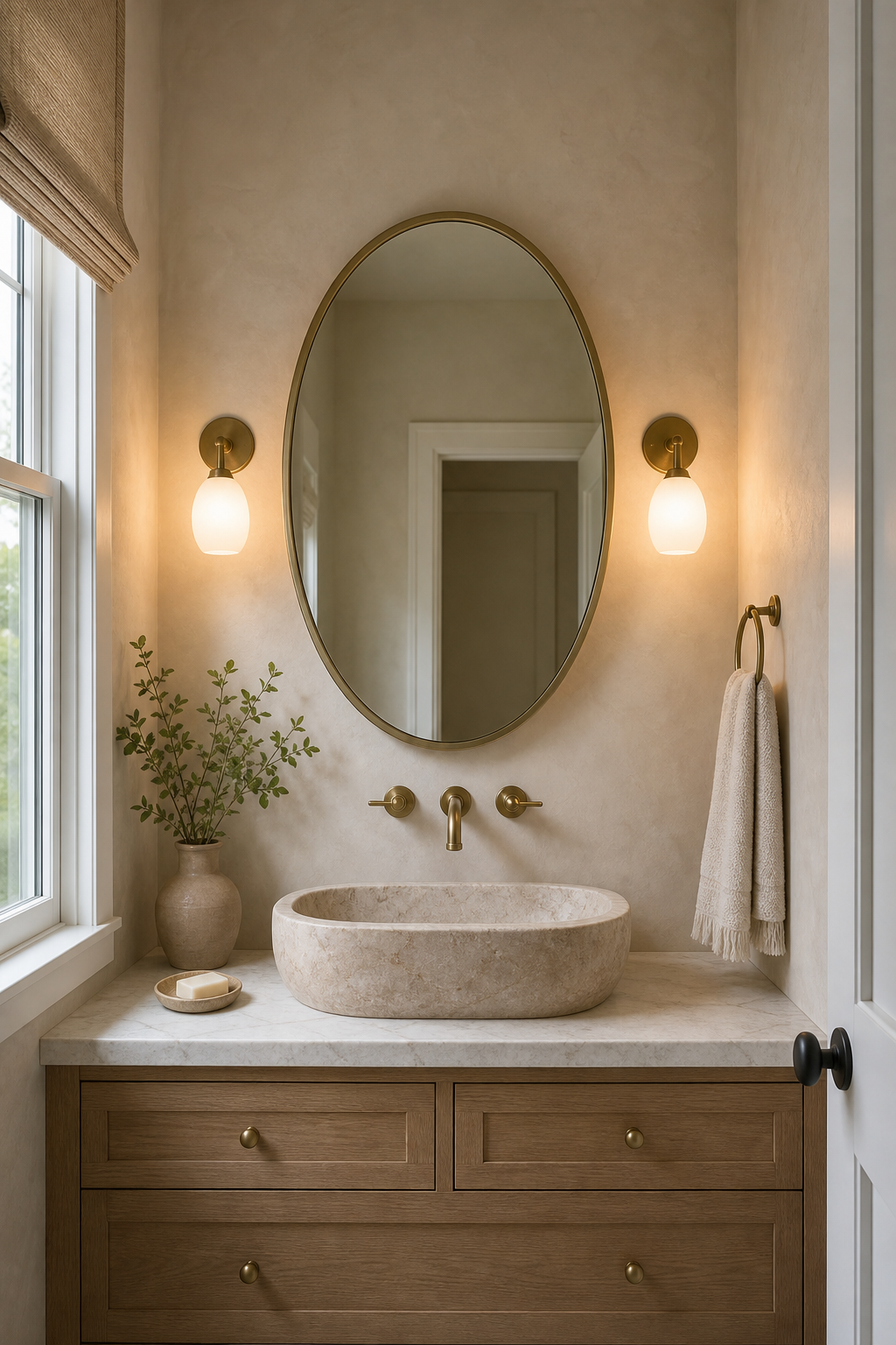 Small bathroom vanity with compact opal wall sconces