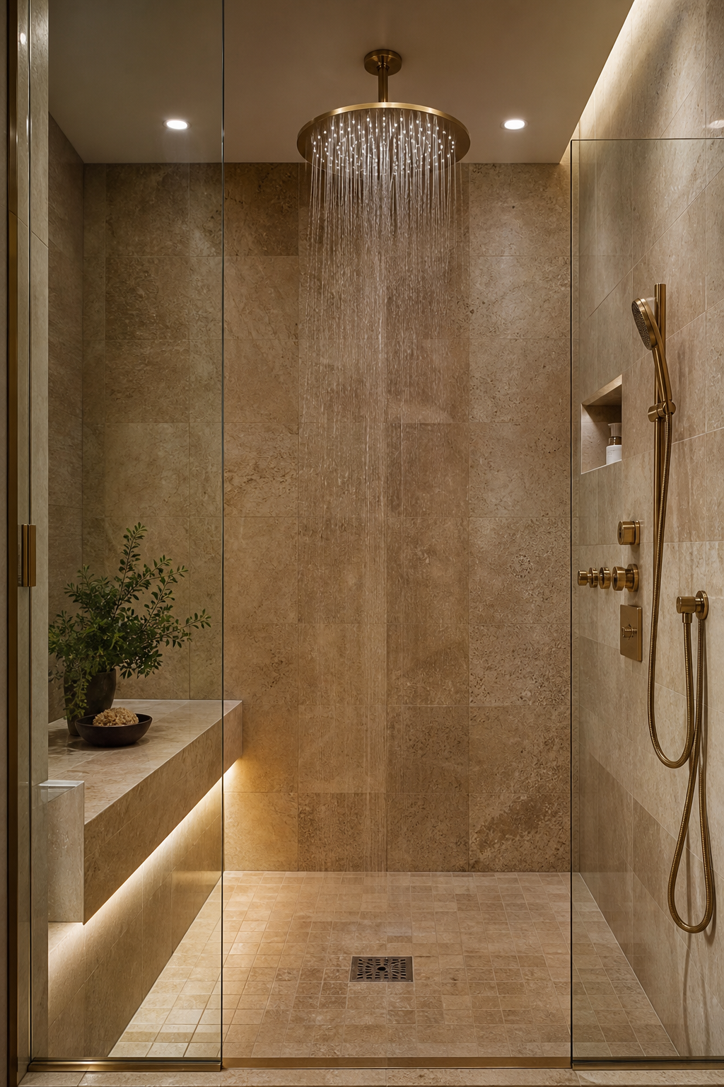 Rain shower head in a luxury master shower
