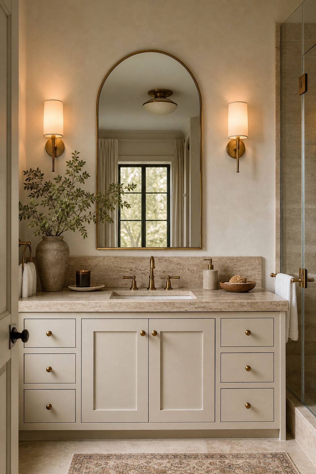 install gentle wall sconces in a cozy spa-like bathroom