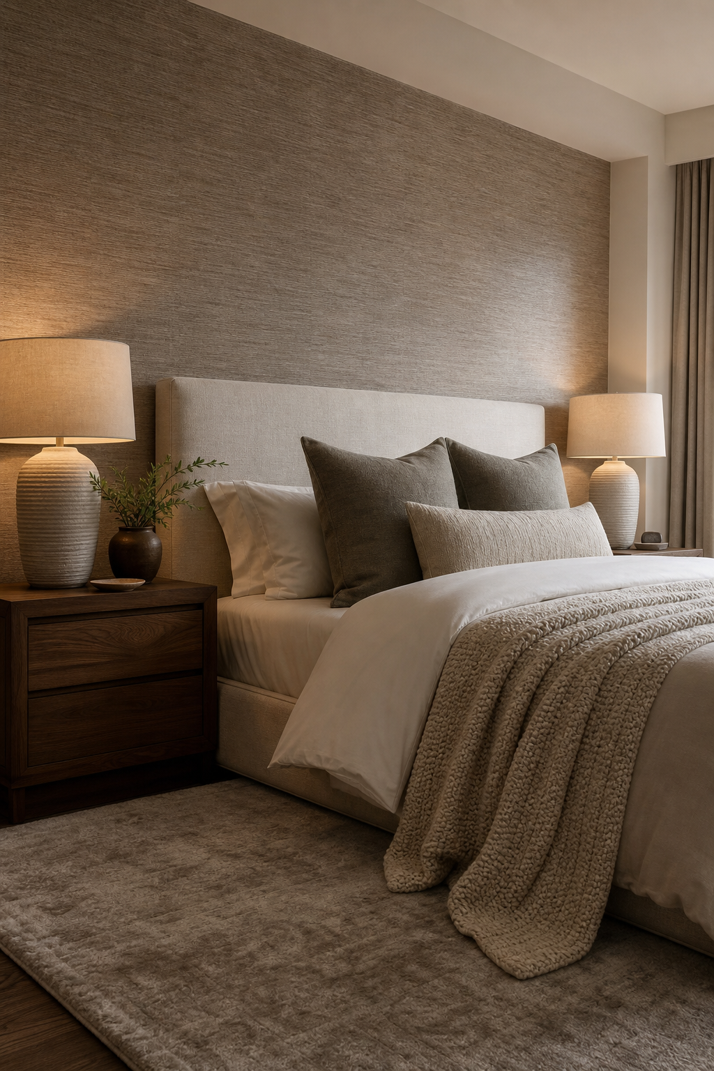 Cozy neutral bedroom layered with rich textures instead of busy pattern
