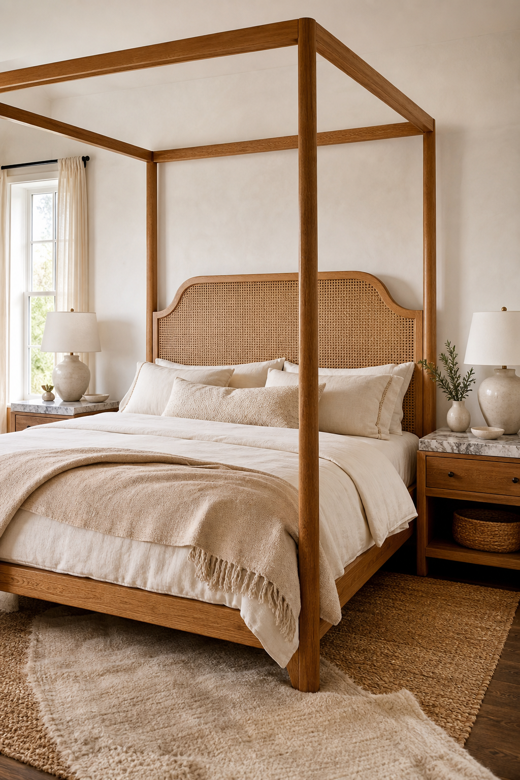 Cane canopy bed with natural textures in a relaxed luxury bedroom
