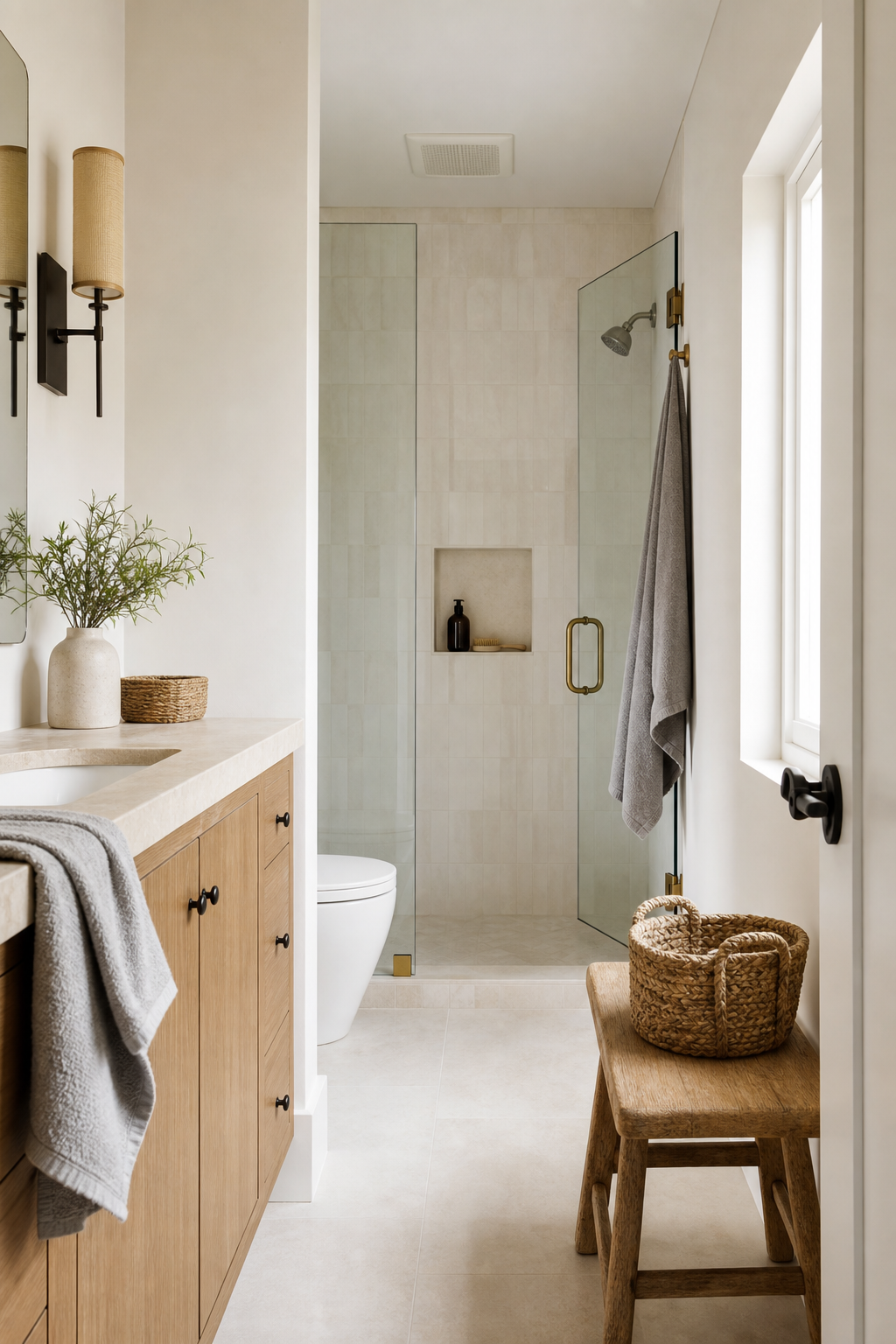 Layered light palette adding depth to a tiny bathroom