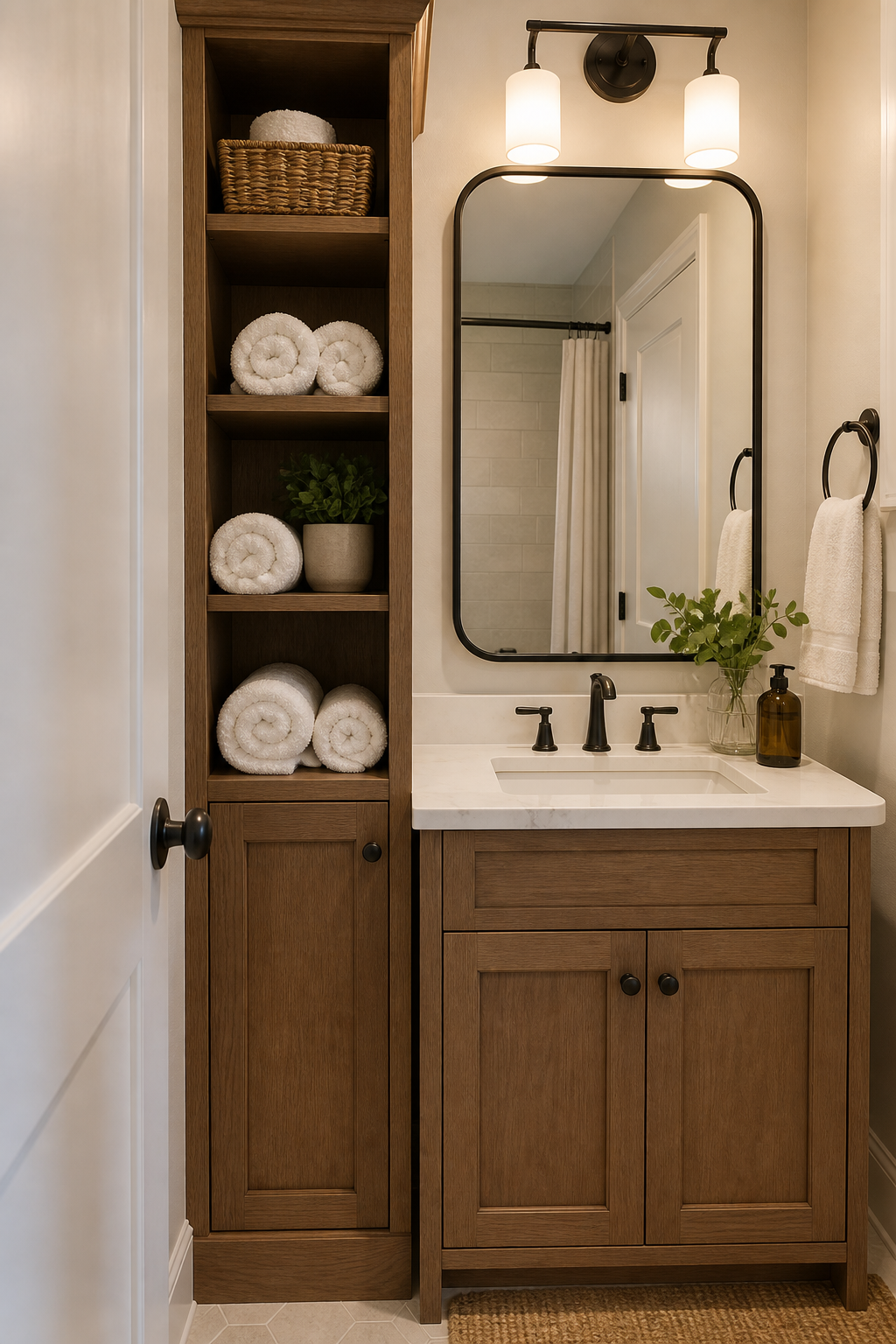 Small bathroom interior idea with build a tiny linen tower into a gap