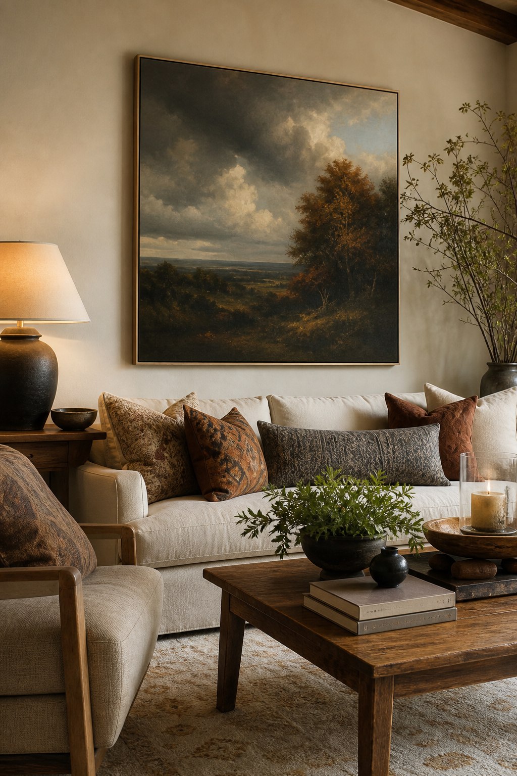 Cozy living room with large landscape art above the sofa