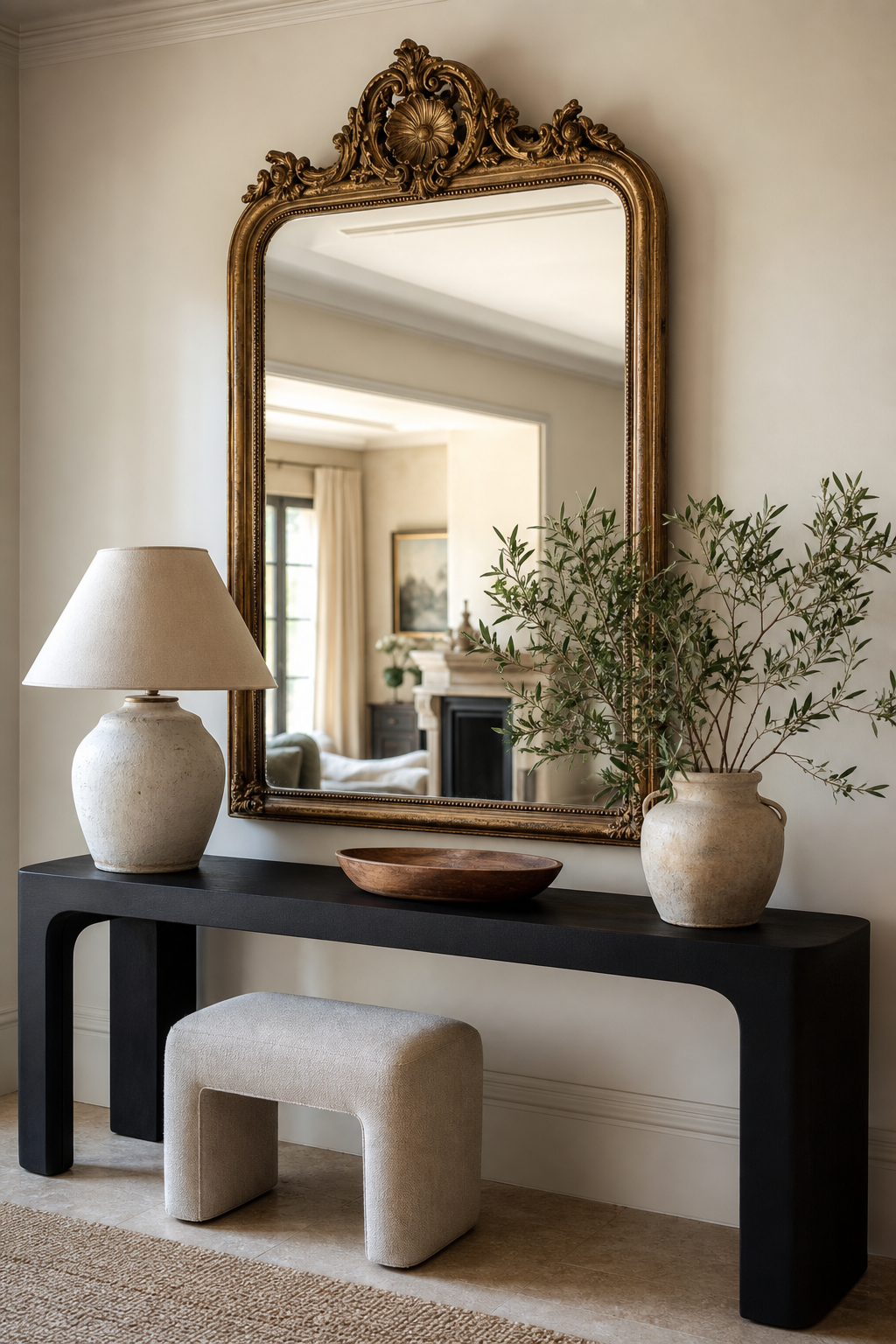Ornate vintage mirror above a modern black console