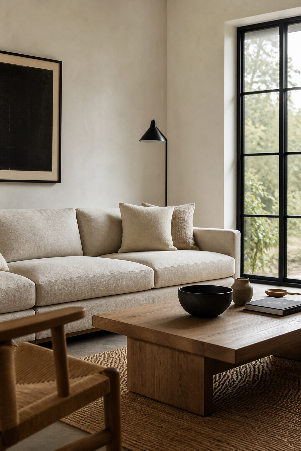 Japandi living room with restrained black accents and warm wood