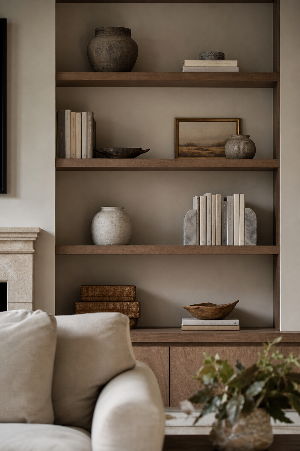 Curated open shelving with books, ceramics, woven boxes, and negative space