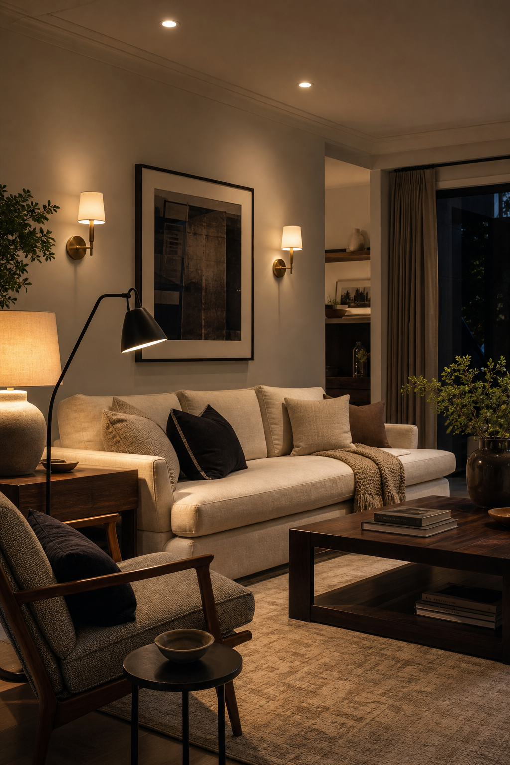 Contemporary living room with layered ceiling, wall, table, and floor lighting
