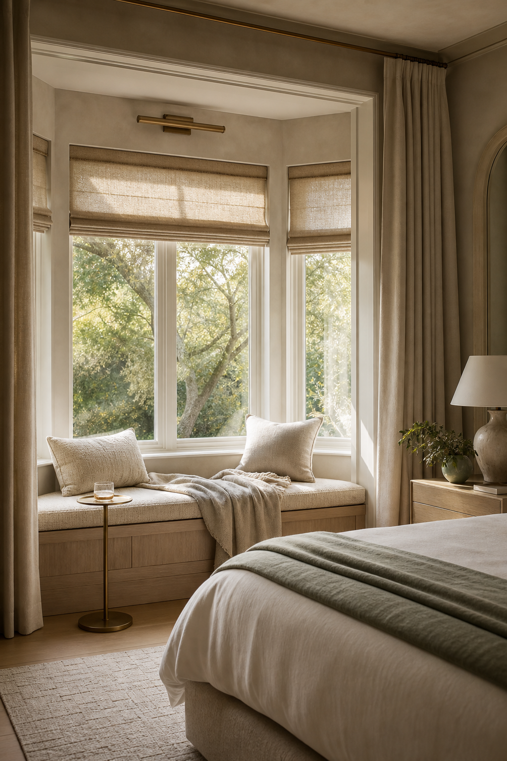 Luxury bedroom with built in window reading nook and roman shades