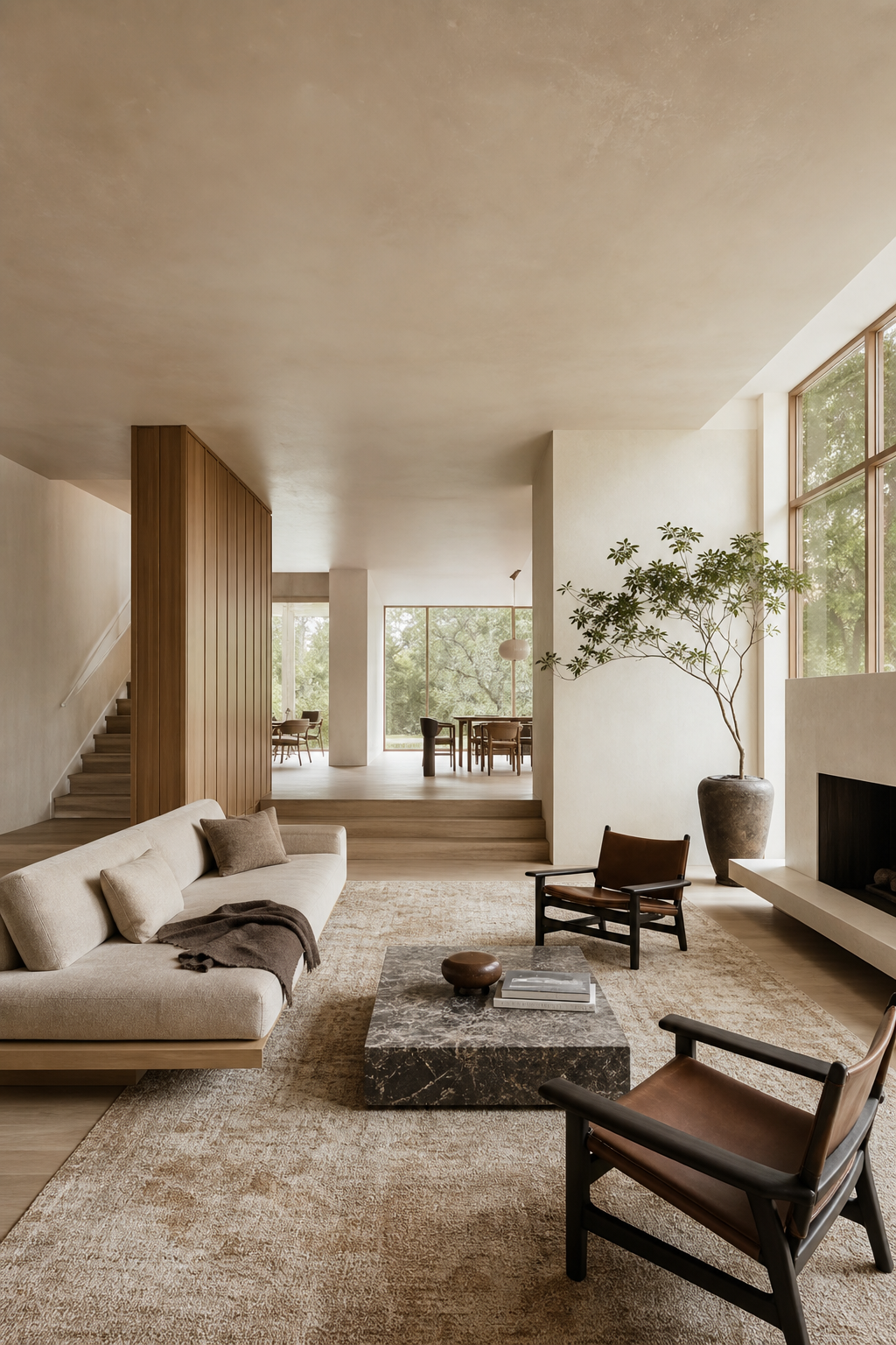 float furniture away from the walls in a cozy minimalist living room