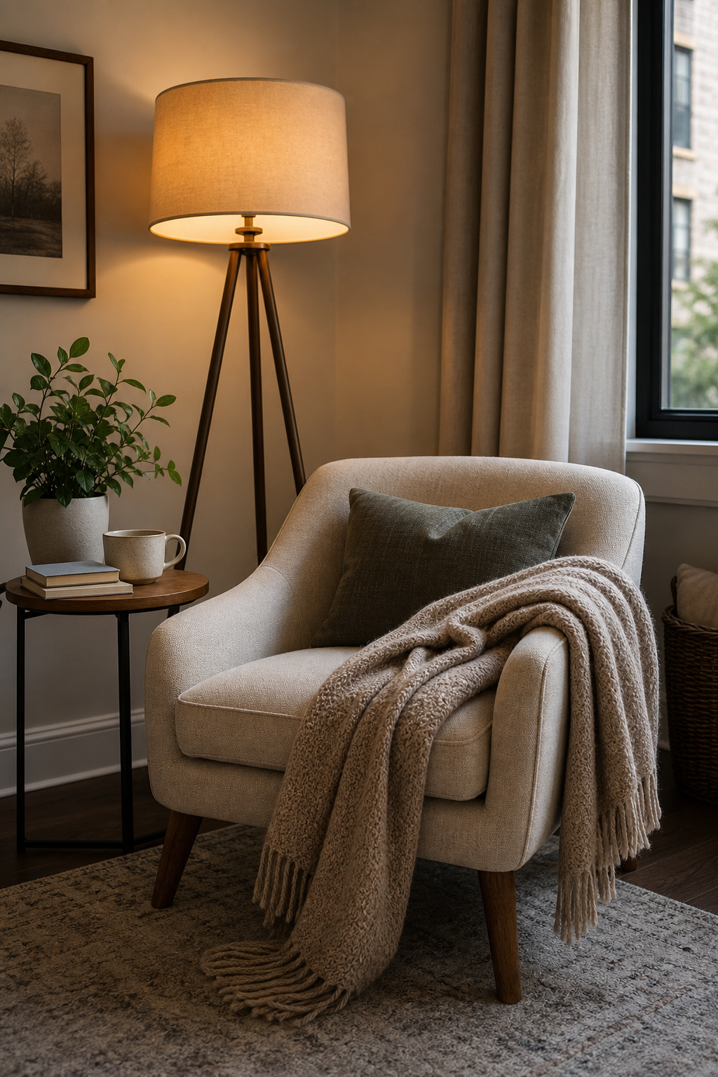 Warm apartment aesthetic idea with add a cozy reading corner