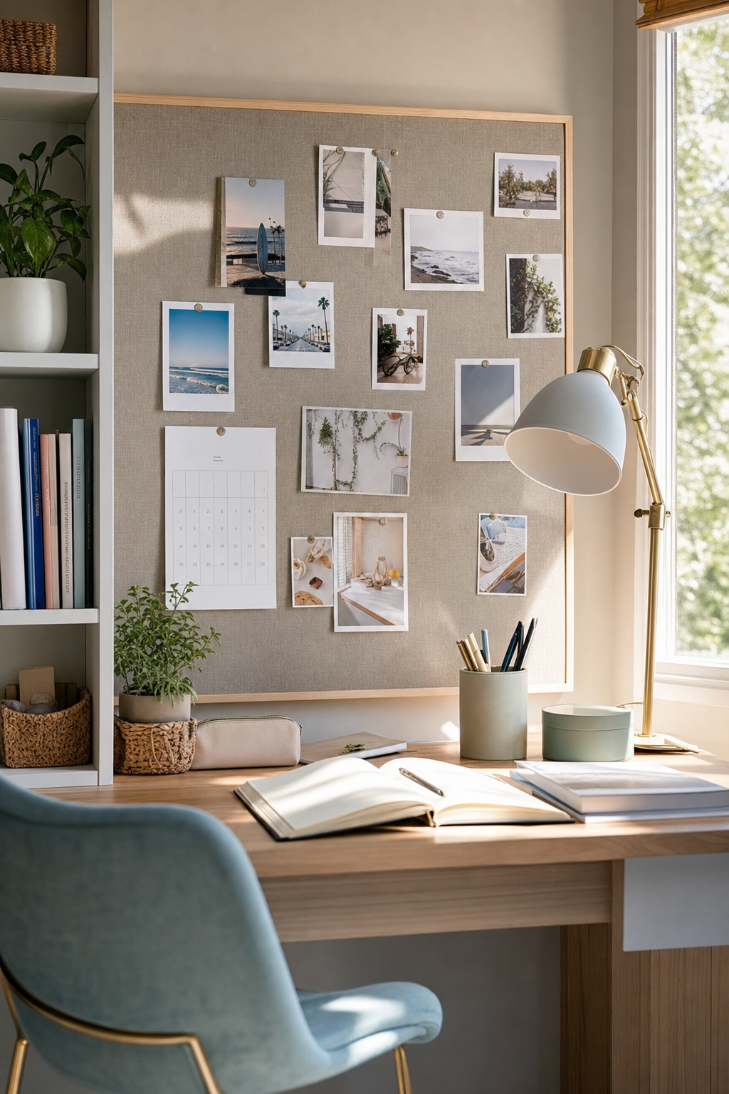 Teen desk with fabric-covered cork board and tidy supplies