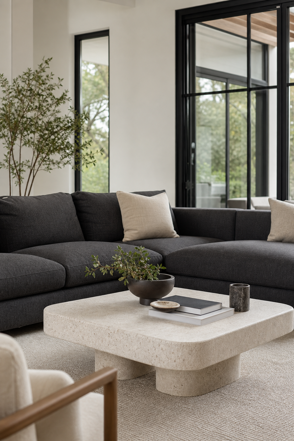 Dark grey couch styling idea with add a pale coffee table for lightness