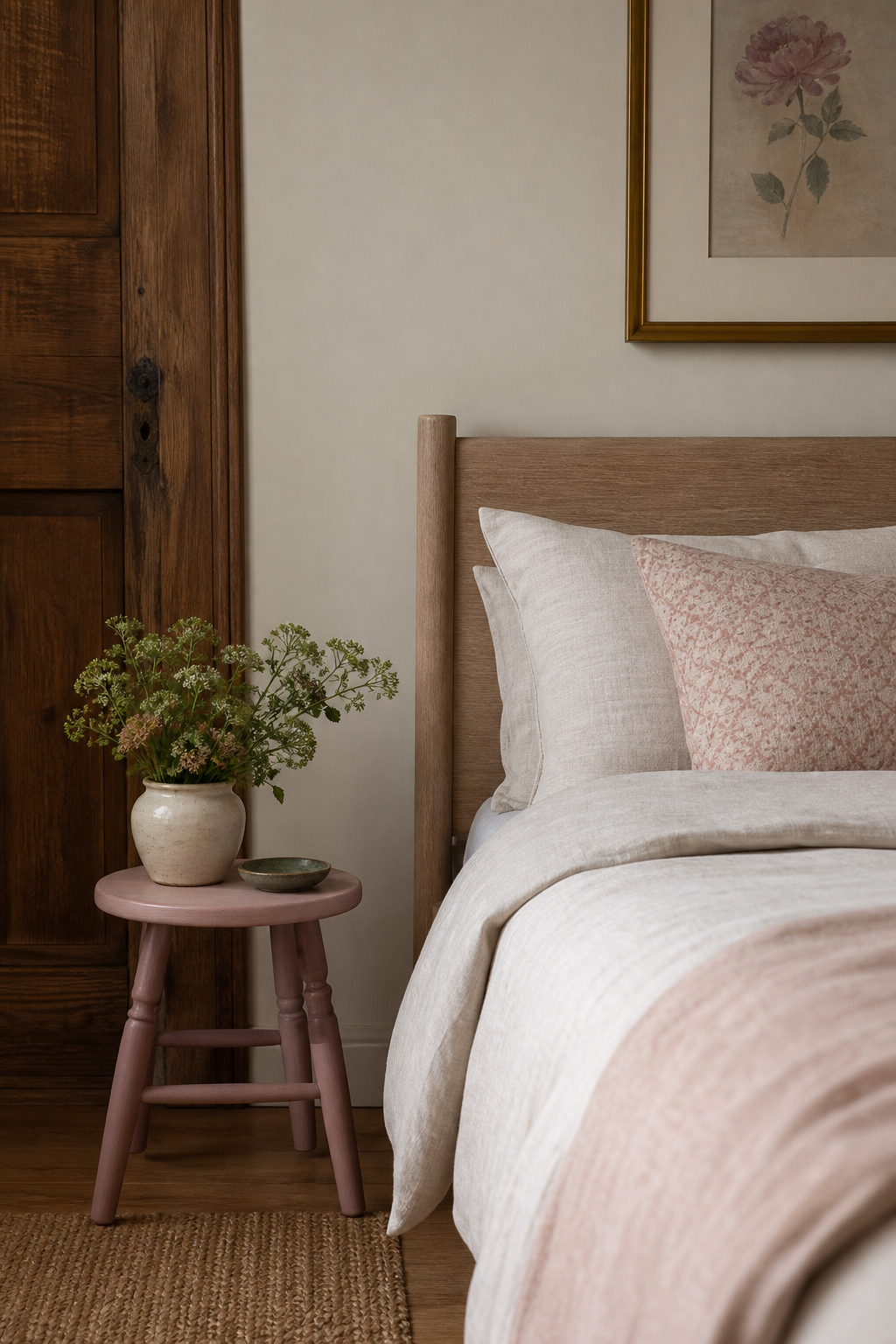 Neutral room decor refreshed with dusty rose accent pieces