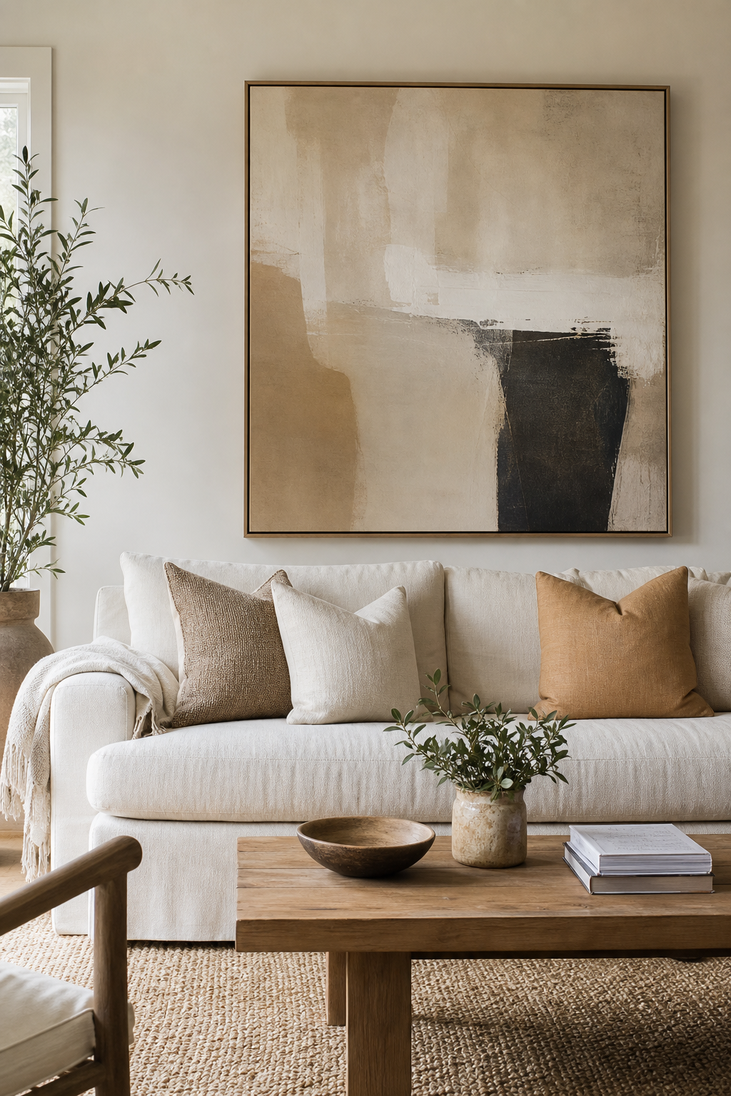 Rental living room with oversized artwork above a cream sofa