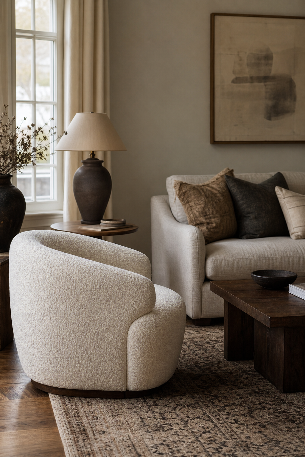 Cozy living room with curved bouclé accent chair, linen sofa, side table, lamp, layered rug, designer seating arrangement