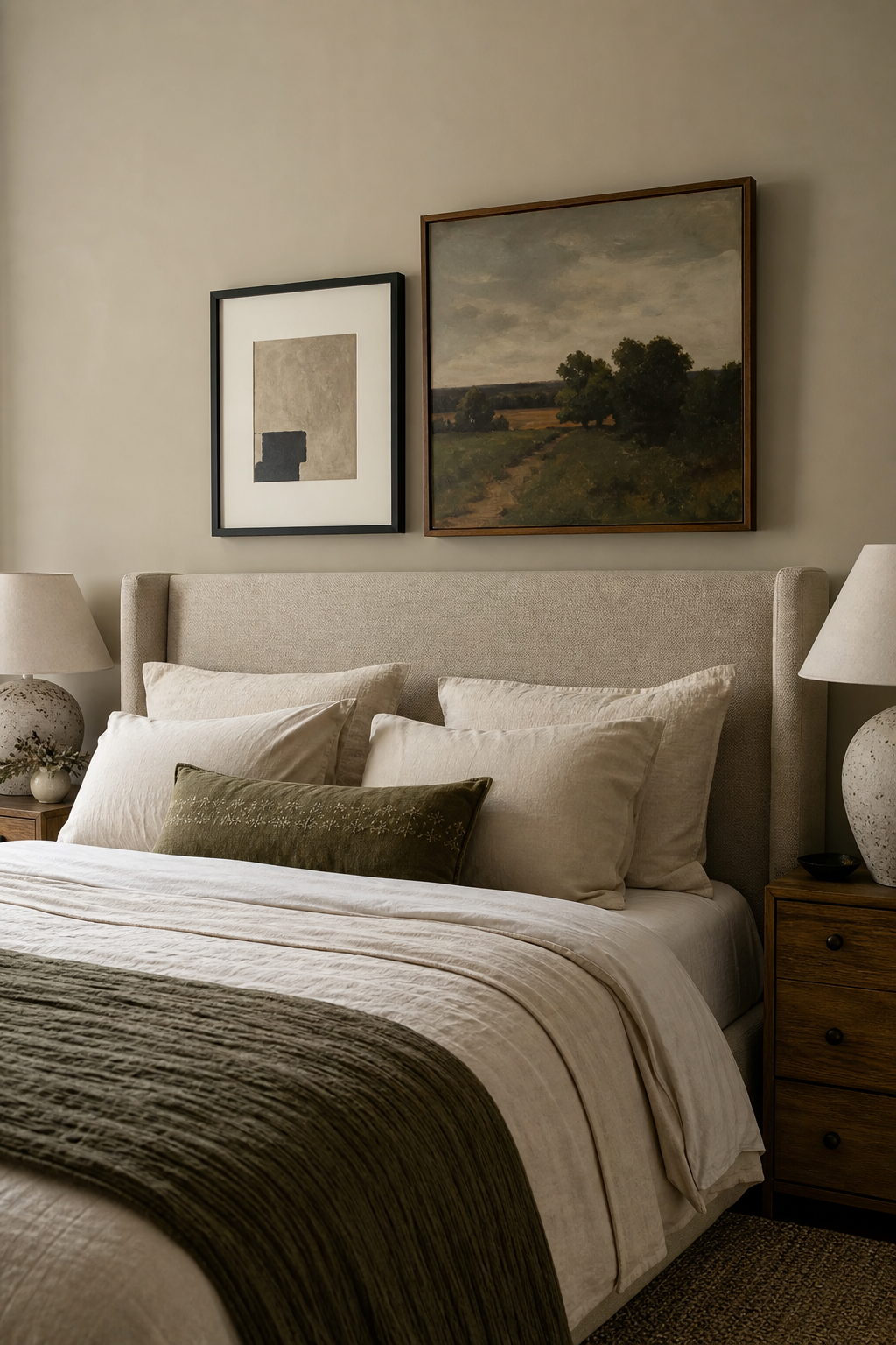 Cozy bedroom with framed art layered above the bed