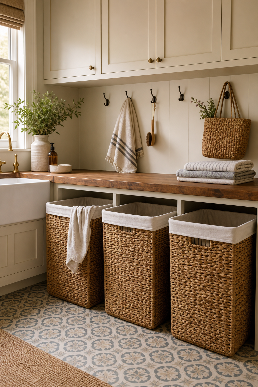 Laundry room with three woven hampers for sorting clothes