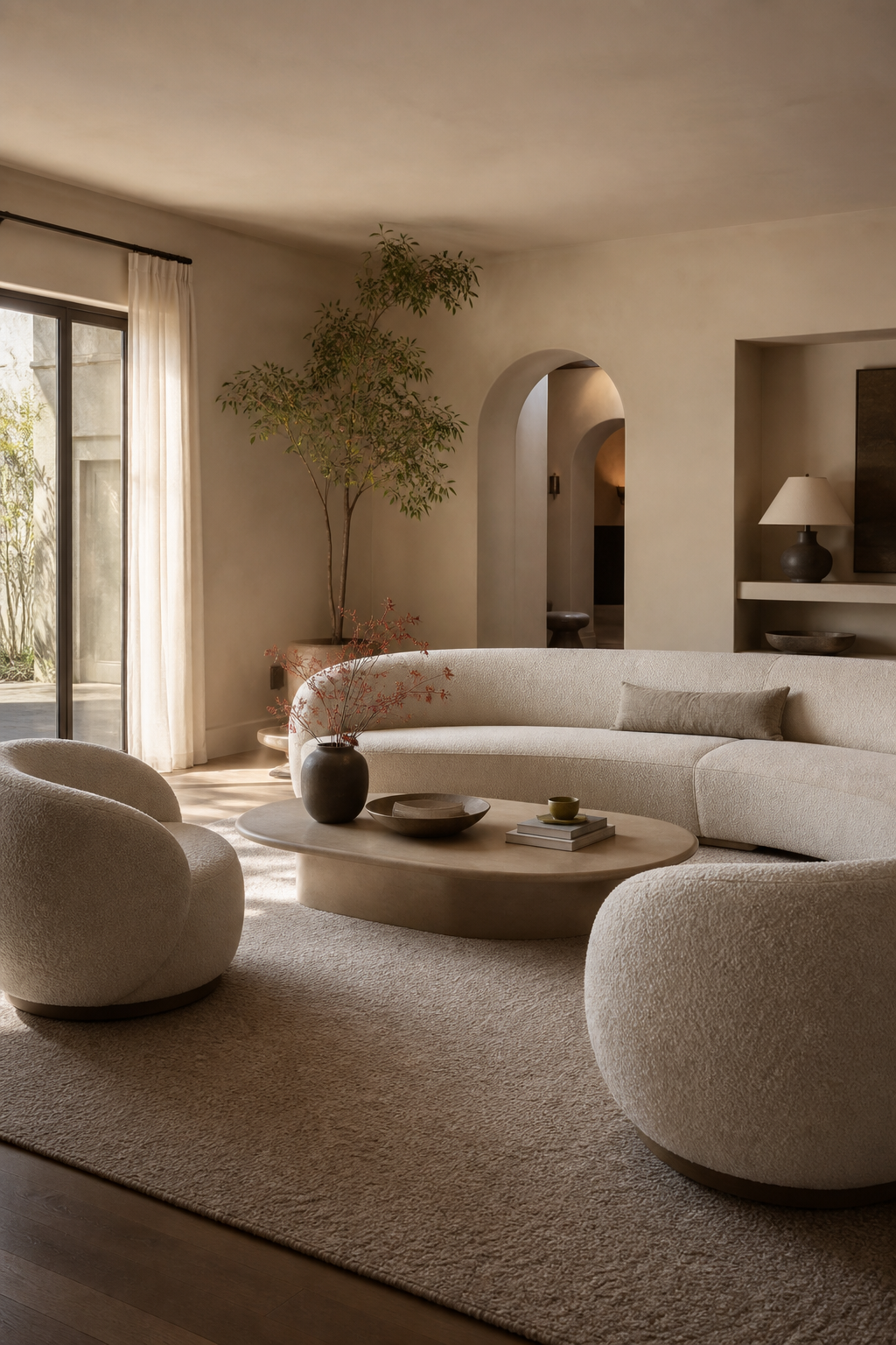 Use curved seating to soften the room in a cozy designer conversation room