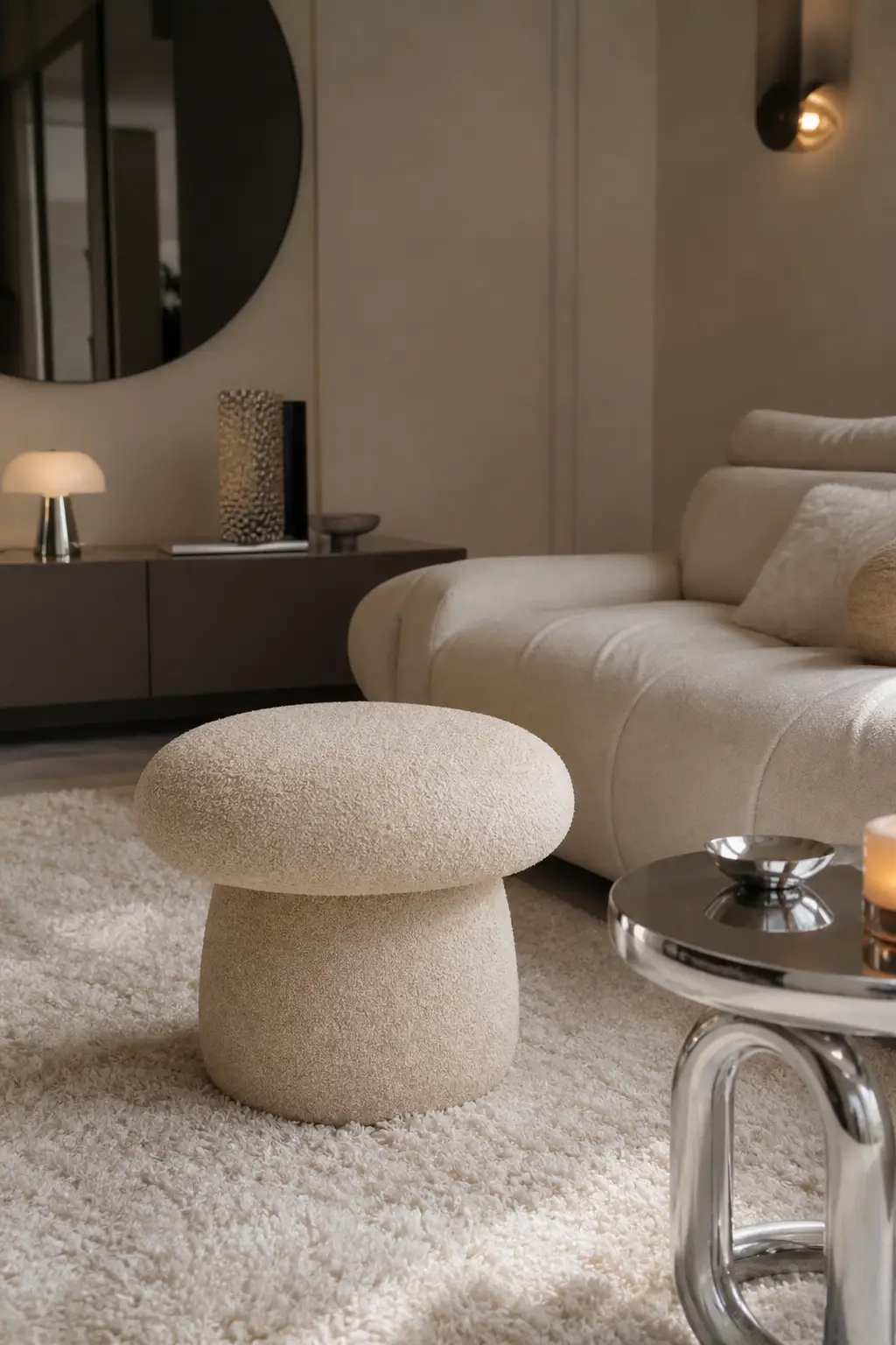 add a mushroom ottoman in a cozy Y2K living room
